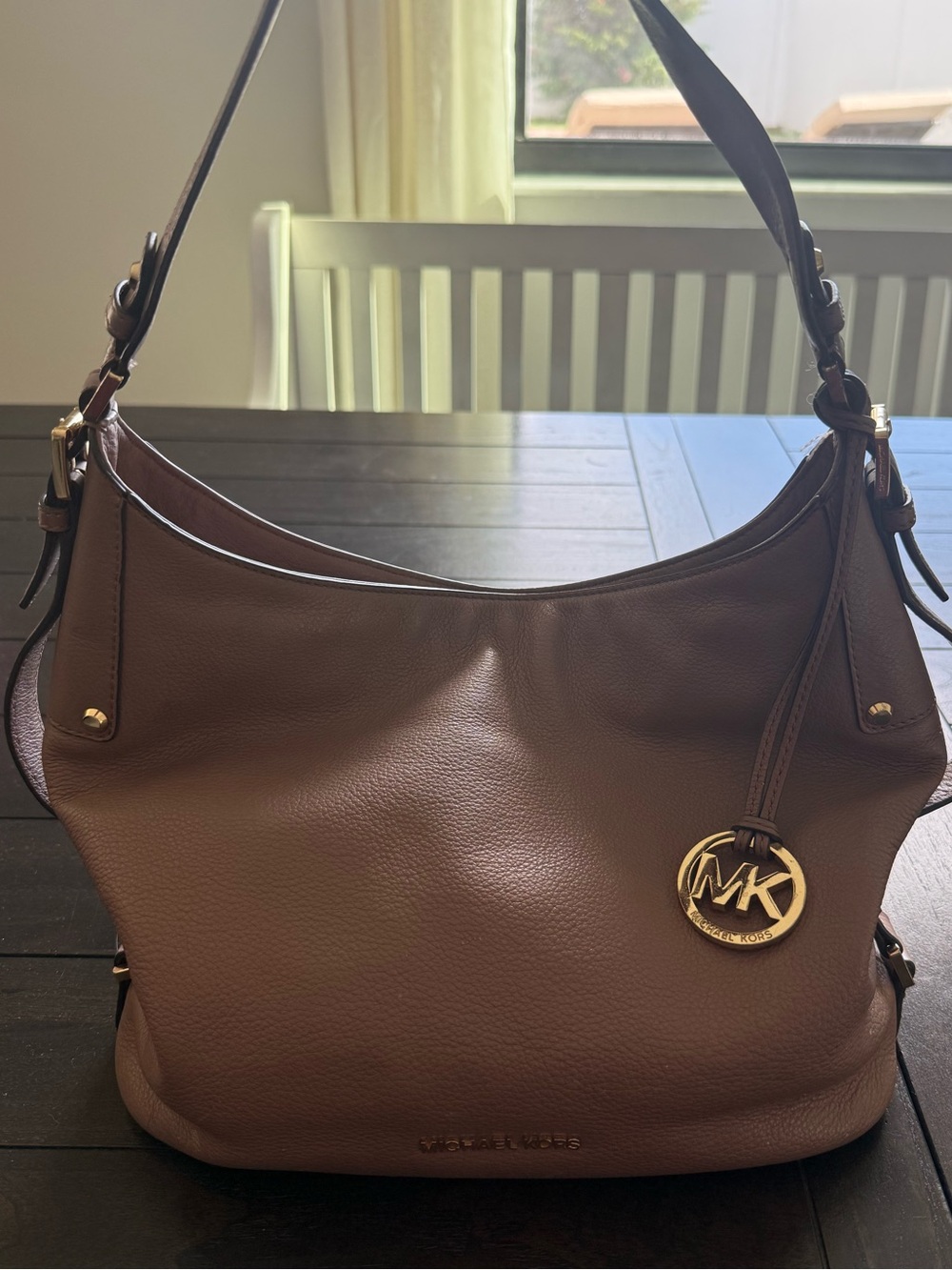 Michael Kors Pebbled Leather Hobo with Gold MK Charm - Dusty Rose